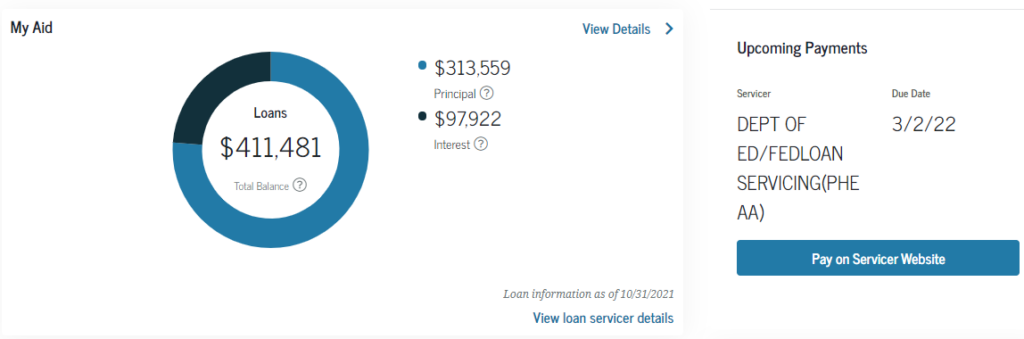 Authors student loan dashboard from studentaid.gov