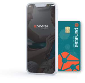 This is a graphic with a Panacea Financial card and a cell phone.