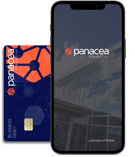 This is a graphic with a Panacea Financial card and a cell phone.
