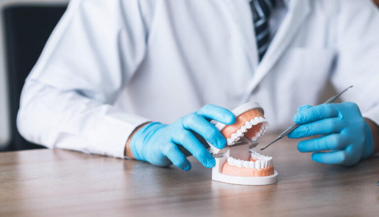 This is an image of a periodontist using a model of a mouth to explain a dental procedure.
