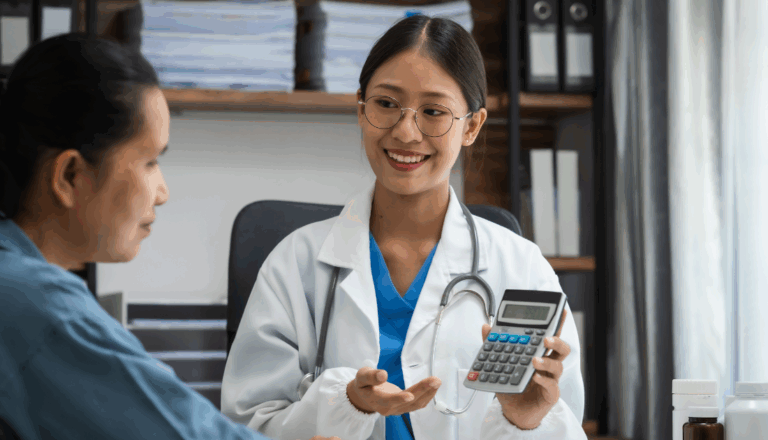 A female doctor displaying something on a calculator