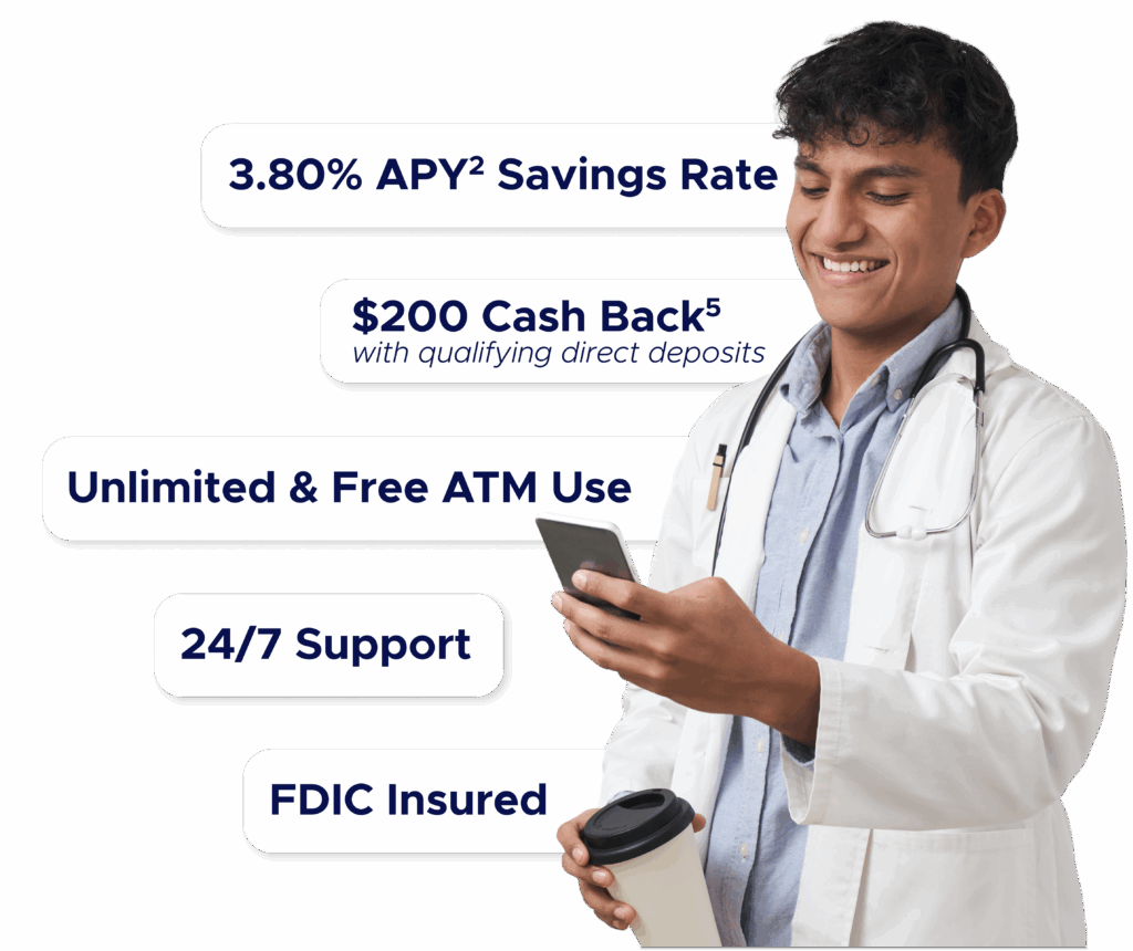 3.80% APY (2) Savings Rate, 0 Cash Back (5) with qualifying direct deposits, Unlimited & free ATM use, 24/7 support, FDIC Insured