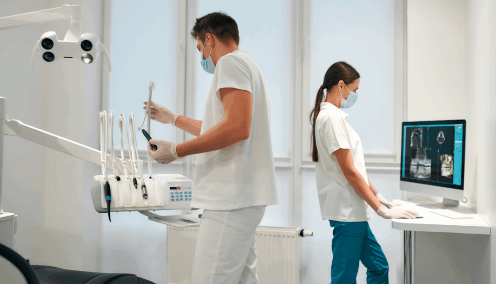 Two dental professionals in a dental office
