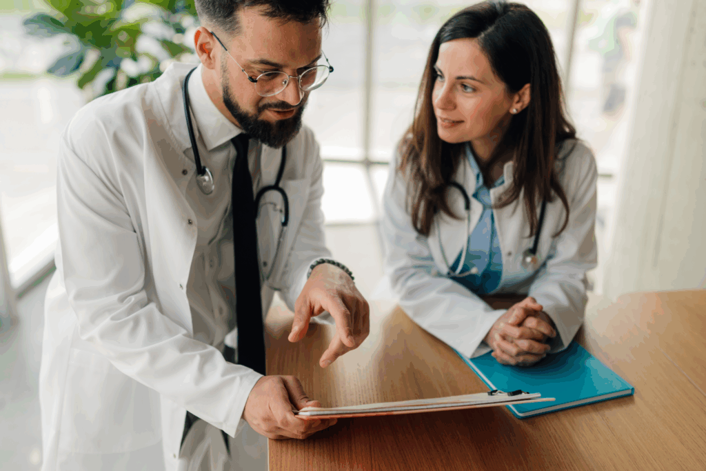 Two doctors discussing compensation and contracts at hospital desk