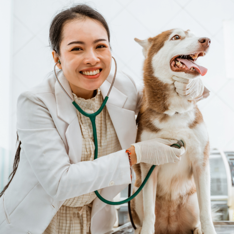 This is a veterinarian posing for a picture with a husky.